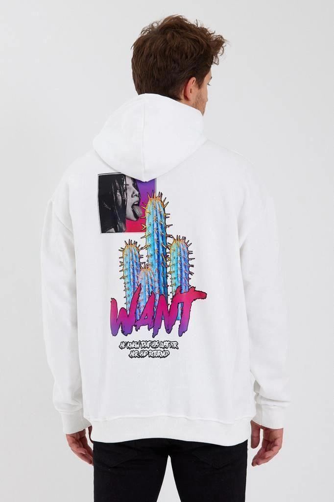 Erkek 3 İplik Pamuklu Kapüşonlu Baskılı Cepli Oversize Sweatshirt Hoodie - Beyaz