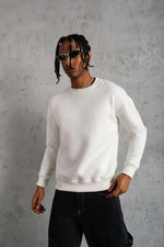 Erkek Düz Bisiklet Yaka 3 iplik pamuklu Sweatshirt - Beyaz