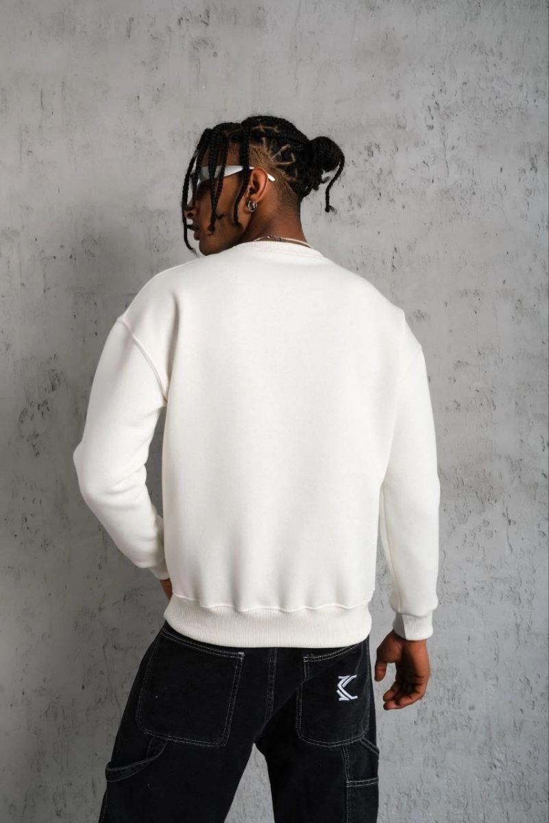 Erkek Düz Bisiklet Yaka 3 iplik pamuklu Sweatshirt - Beyaz