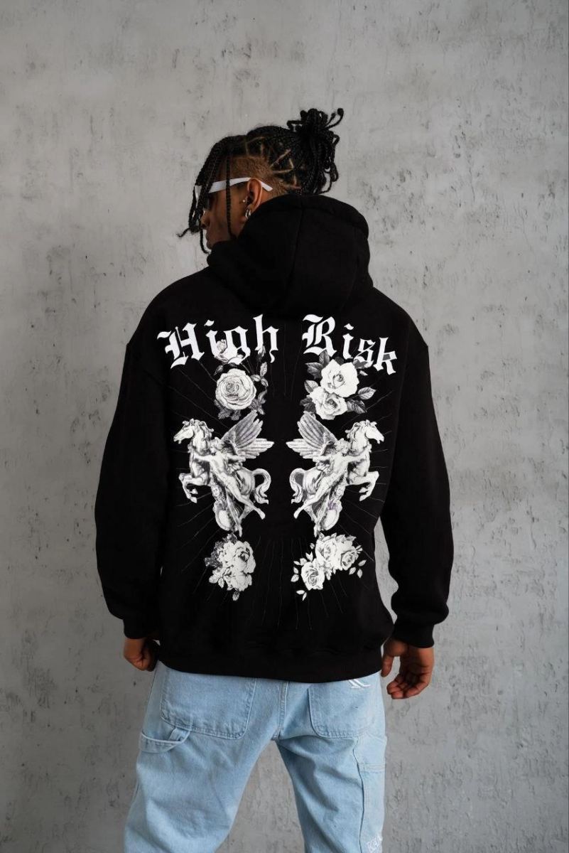 Erkek 3 İplik Pamuklu Kapüşonlu Baskılı Cepli Oversize Sweatshirt Hoodie - Siyah