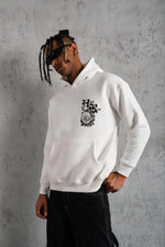 Erkek 3 İplik Pamuklu Kapüşonlu Baskılı Cepli Oversize Sweatshirt Hoodie - Beyaz