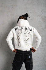 Erkek 3 İplik Pamuklu Kapüşonlu Baskılı Cepli Oversize Sweatshirt Hoodie - Beyaz