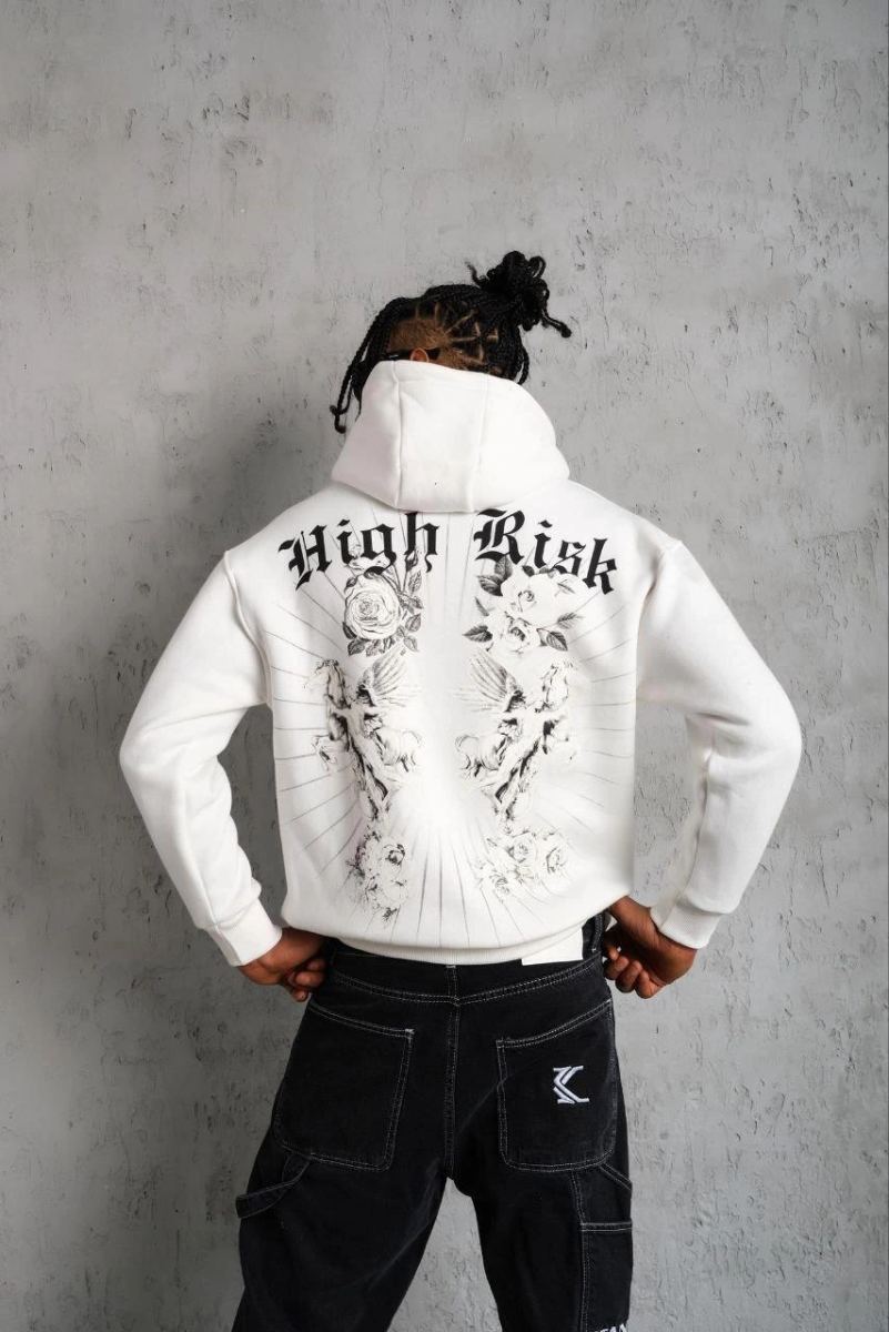 Erkek 3 İplik Pamuklu Kapüşonlu Baskılı Cepli Oversize Sweatshirt Hoodie - Beyaz