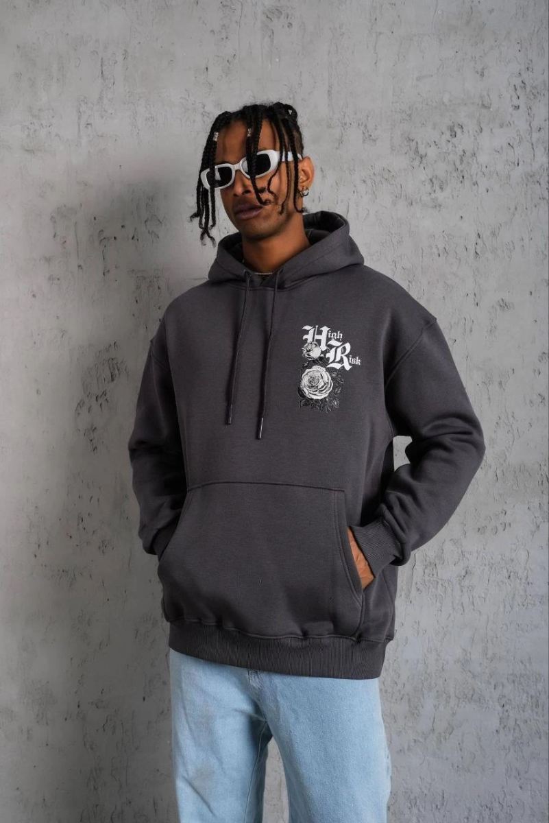 Erkek 3 İplik Pamuklu Kapüşonlu Baskılı Cepli Oversize Sweatshirt Hoodie - Füme