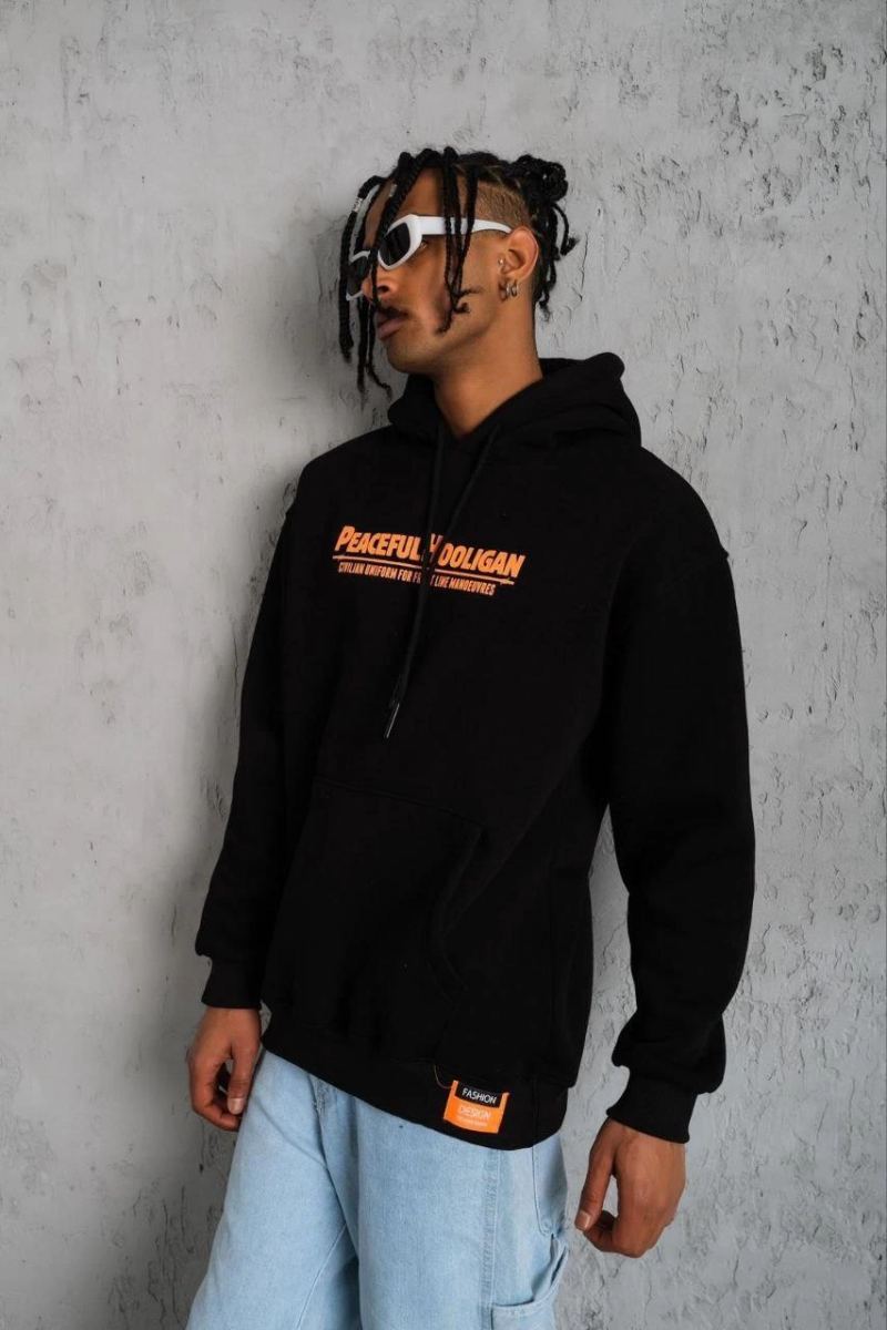 Erkek 3 İplik Pamuklu Kapüşonlu Baskılı Cepli Oversize Sweatshirt Hoodie - Siyah