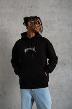 Erkek 3 İplik Pamuklu Baskılı Kapüşonlu Cepli Sweatshirt Hoodie - Siyah