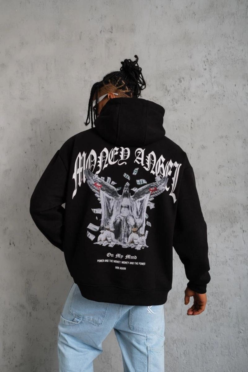 Erkek 3 İplik Pamuklu Baskılı Kapüşonlu Cepli Sweatshirt Hoodie - Siyah