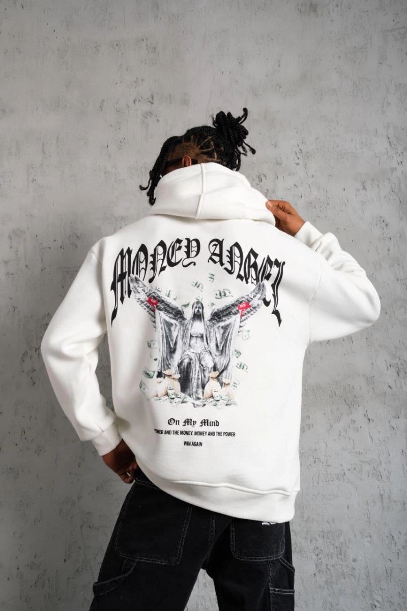 Erkek 3 İplik Pamuklu Baskılı Kapüşonlu Cepli Sweatshirt Hoodie - Beyaz