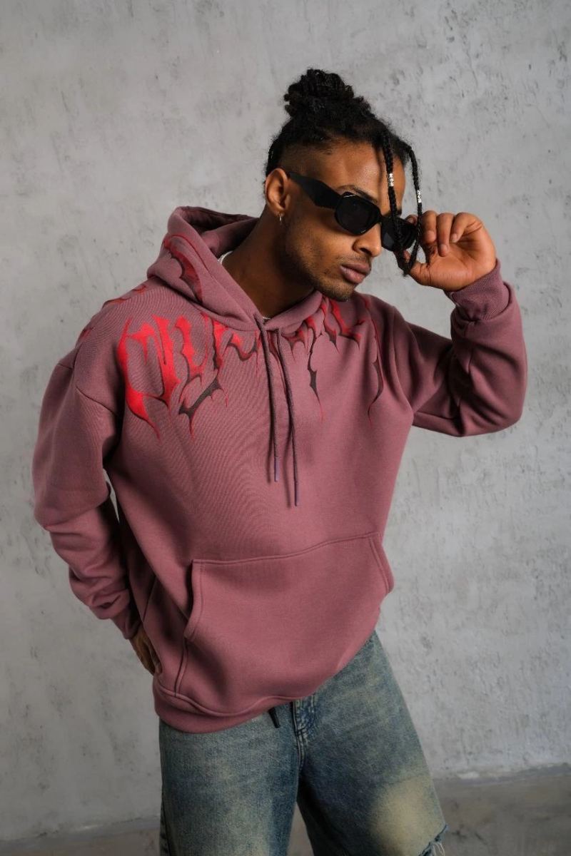Erkek 3 İplik Pamuklu Baskılı Kapüşonlu Cepli Sweatshirt Hoodie - Gül Kurusu