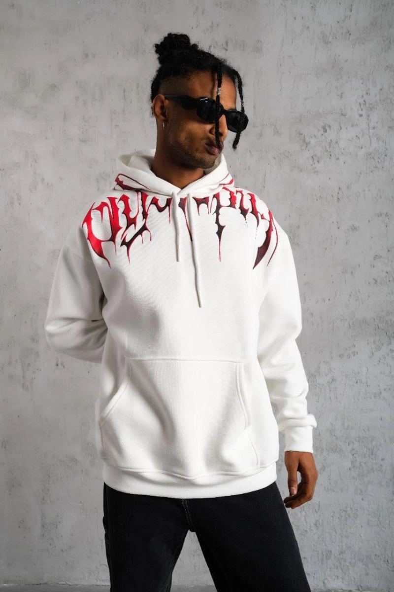Erkek 3 İplik Pamuklu Baskılı Kapüşonlu Cepli Sweatshirt Hoodie - Beyaz