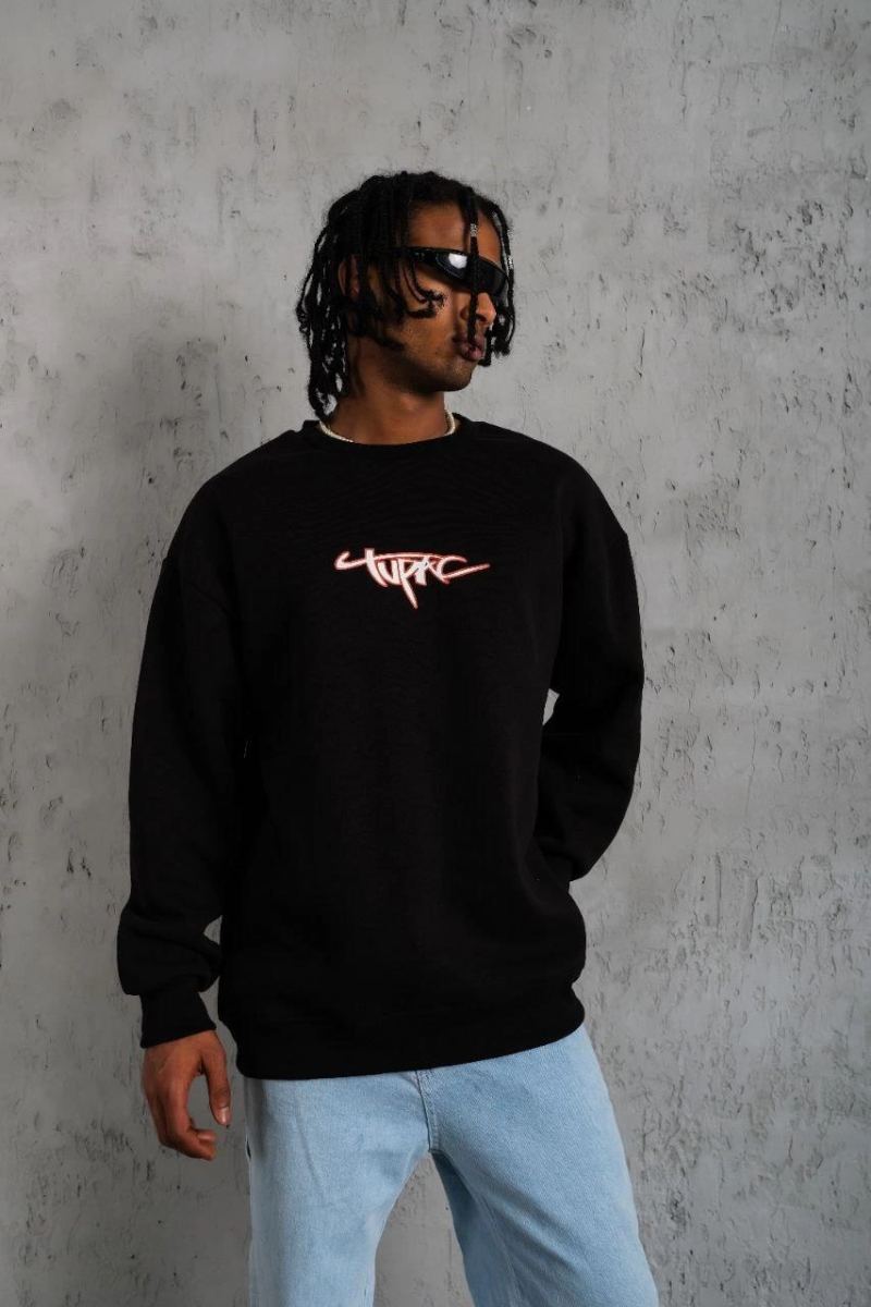 Erkek 3 İplik Pamuklu Bisiklet Yaka Gangster Baskılı Sweatshirt - Siyah