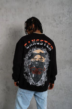 Erkek 3 İplik Pamuklu Bisiklet Yaka Gangster Baskılı Sweatshirt - Siyah