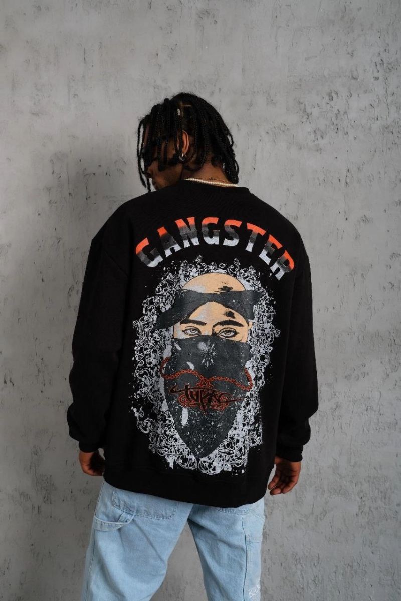 Erkek 3 İplik Pamuklu Bisiklet Yaka Gangster Baskılı Sweatshirt - Siyah