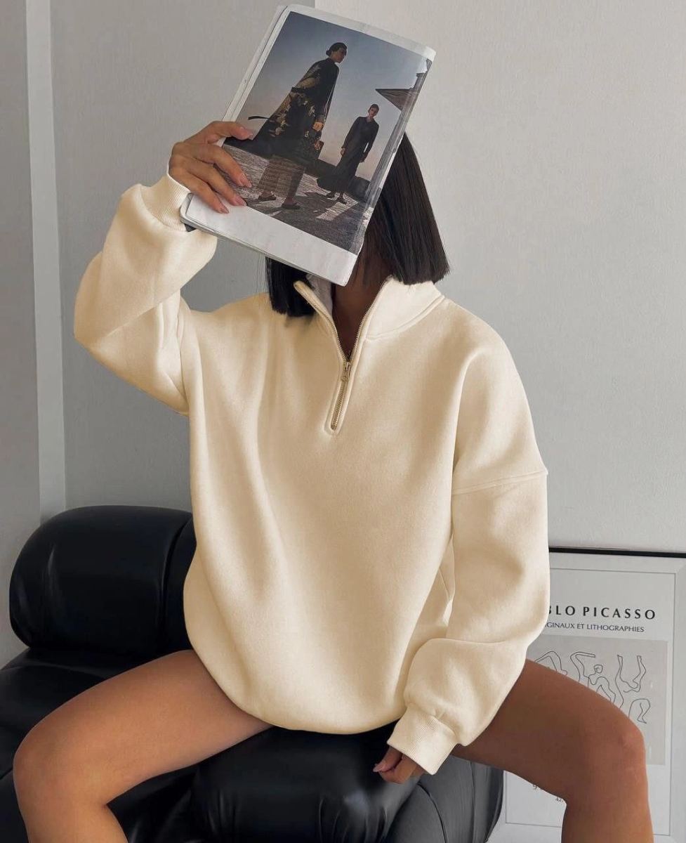 Kadın 3 İplik Pamuklu Oversize Yarım Fermuarlı Yakalı Basic Sweatshirt - Bej