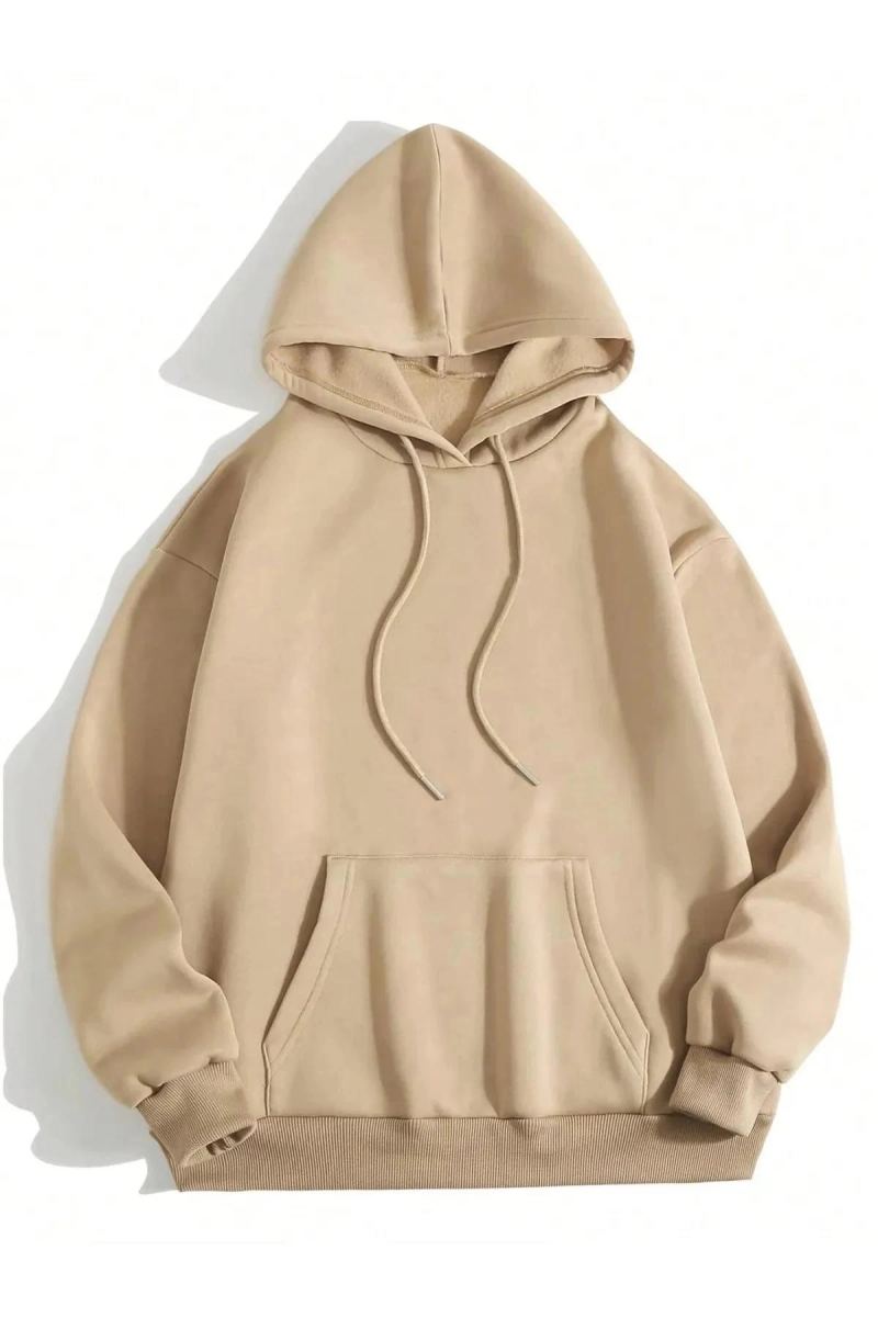 Erkek 3 İplik Pamuklu Kapüşonlu Kanguru Cepli Sweatshirt Hoodie -  Bej