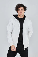 Erkek 3 İplik Pamuklu Fermuarlı Kapüşonlu Kanguru Cepli Hoodie Hırka Sweatshirt - Beyaz