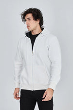 Erkek 3 İplik Pamuklu Fermuarlı Kapüşonlu Kanguru Cepli Hoodie Hırka Sweatshirt - Beyaz