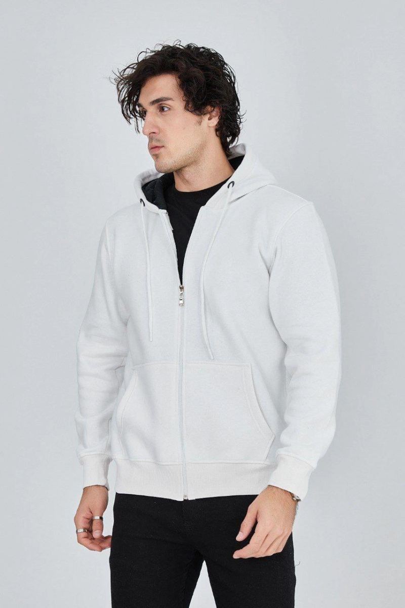 Erkek 3 İplik Pamuklu Fermuarlı Kapüşonlu Kanguru Cepli Hoodie Hırka Sweatshirt - Beyaz