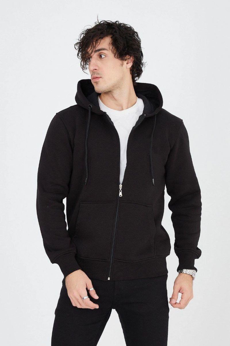 Erkek 3 İplik Pamuklu Fermuarlı Kapüşonlu Kanguru Cepli Hoodie Hırka Sweatshirt - Siyah
