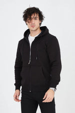 Erkek 3 İplik Pamuklu Fermuarlı Kapüşonlu Kanguru Cepli Hoodie Hırka Sweatshirt - Siyah