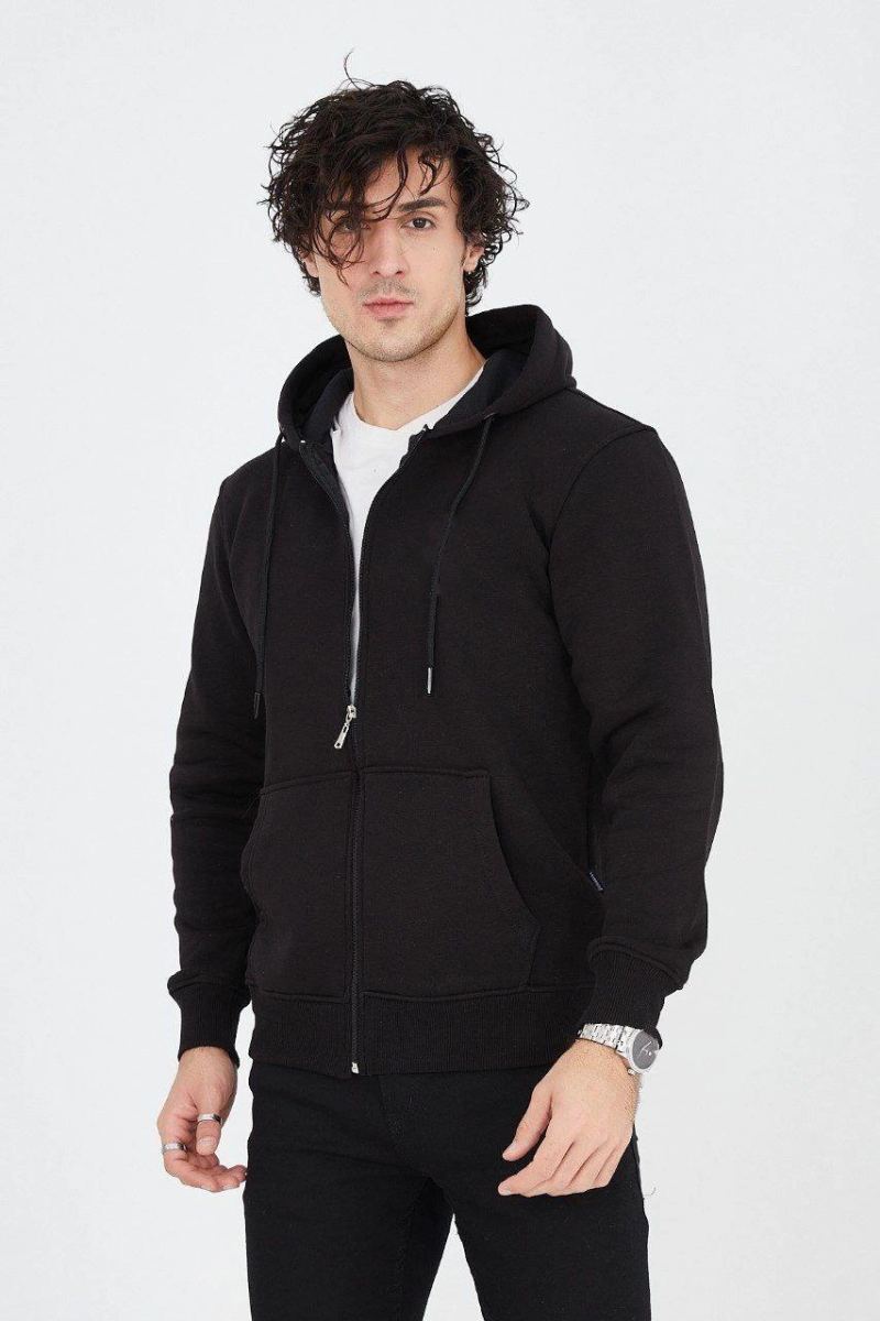 Erkek 3 İplik Pamuklu Fermuarlı Kapüşonlu Kanguru Cepli Hoodie Hırka Sweatshirt - Siyah