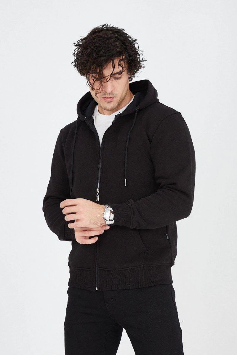Erkek 3 İplik Pamuklu Fermuarlı Kapüşonlu Kanguru Cepli Hoodie Hırka Sweatshirt - Siyah