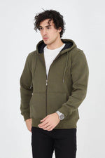 Erkek 3 İplik Pamuklu Fermuarlı Kapüşonlu Kanguru Cepli Hoodie Hırka Sweatshirt - Yeşil