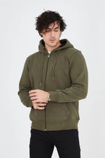 Erkek 3 İplik Pamuklu Fermuarlı Kapüşonlu Kanguru Cepli Hoodie Hırka Sweatshirt - Yeşil