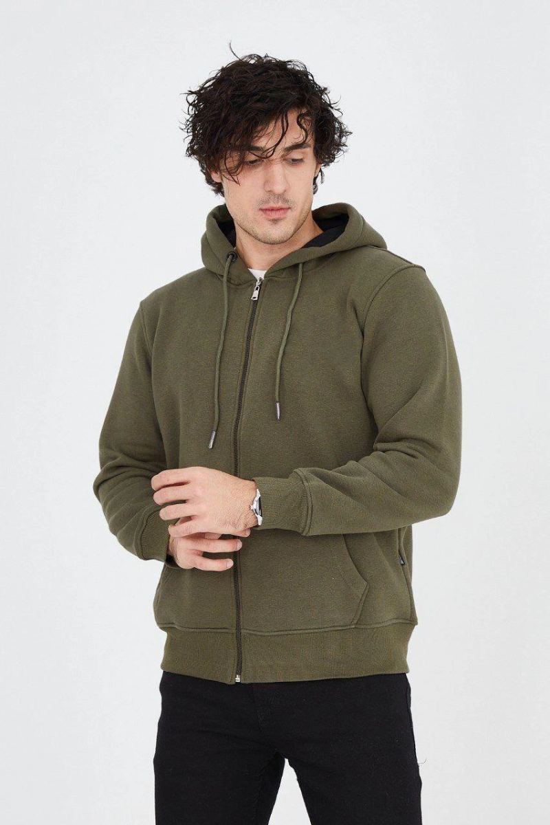 Erkek 3 İplik Pamuklu Fermuarlı Kapüşonlu Kanguru Cepli Hoodie Hırka Sweatshirt - Yeşil
