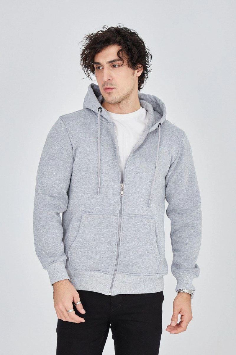 Erkek 3 İplik Pamuklu Fermuarlı Kapüşonlu Kanguru Cepli Hoodie Hırka Sweatshirt - Gri