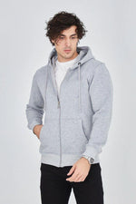 Erkek 3 İplik Pamuklu Fermuarlı Kapüşonlu Kanguru Cepli Hoodie Hırka Sweatshirt - Gri