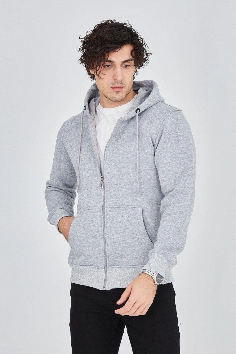 Erkek 3 İplik Pamuklu Fermuarlı Kapüşonlu Kanguru Cepli Hoodie Hırka Sweatshirt - Gri