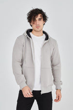 Erkek 3 İplik Pamuklu Fermuarlı Kapüşonlu Kanguru Cepli Hoodie Hırka Sweatshirt - Boyalı Gri