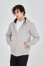 Erkek 3 İplik Pamuklu Fermuarlı Kapüşonlu Kanguru Cepli Hoodie Hırka Sweatshirt - Boyalı Gri