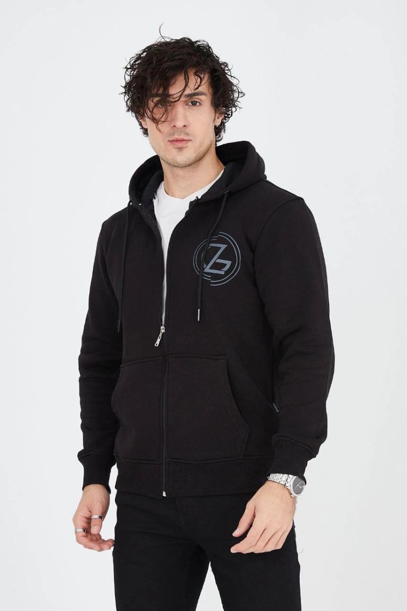 Erkek 3 İplik Pamuklu Fermuarlı Kapüşonlu Kanguru Cepli Baskılı Hoodie Hırka Sweatshirt - Siyah
