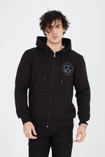 Erkek 3 İplik Pamuklu Fermuarlı Kapüşonlu Kanguru Cepli Baskılı Hoodie Hırka Sweatshirt - Siyah
