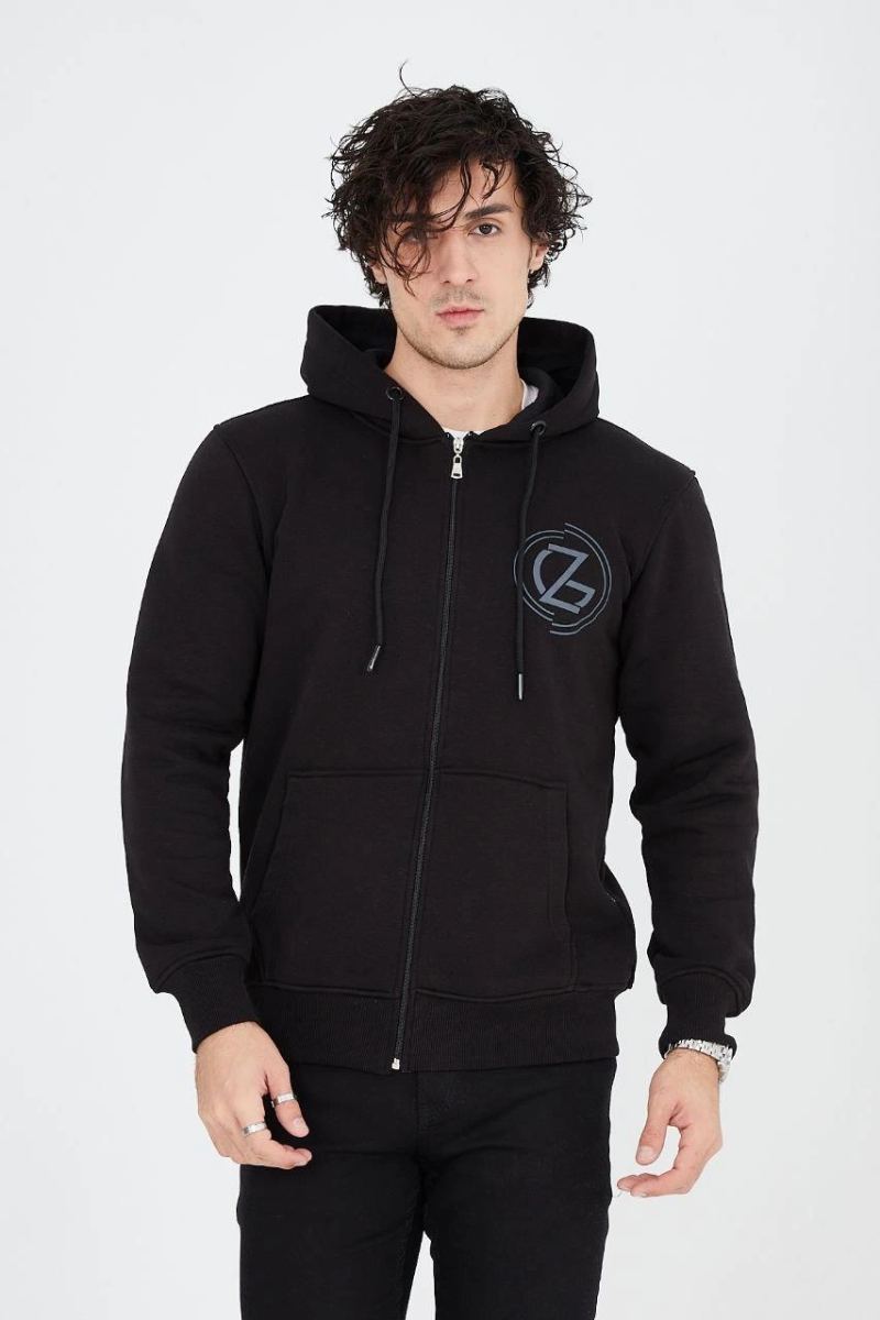 Erkek 3 İplik Pamuklu Fermuarlı Kapüşonlu Kanguru Cepli Baskılı Hoodie Hırka Sweatshirt - Siyah