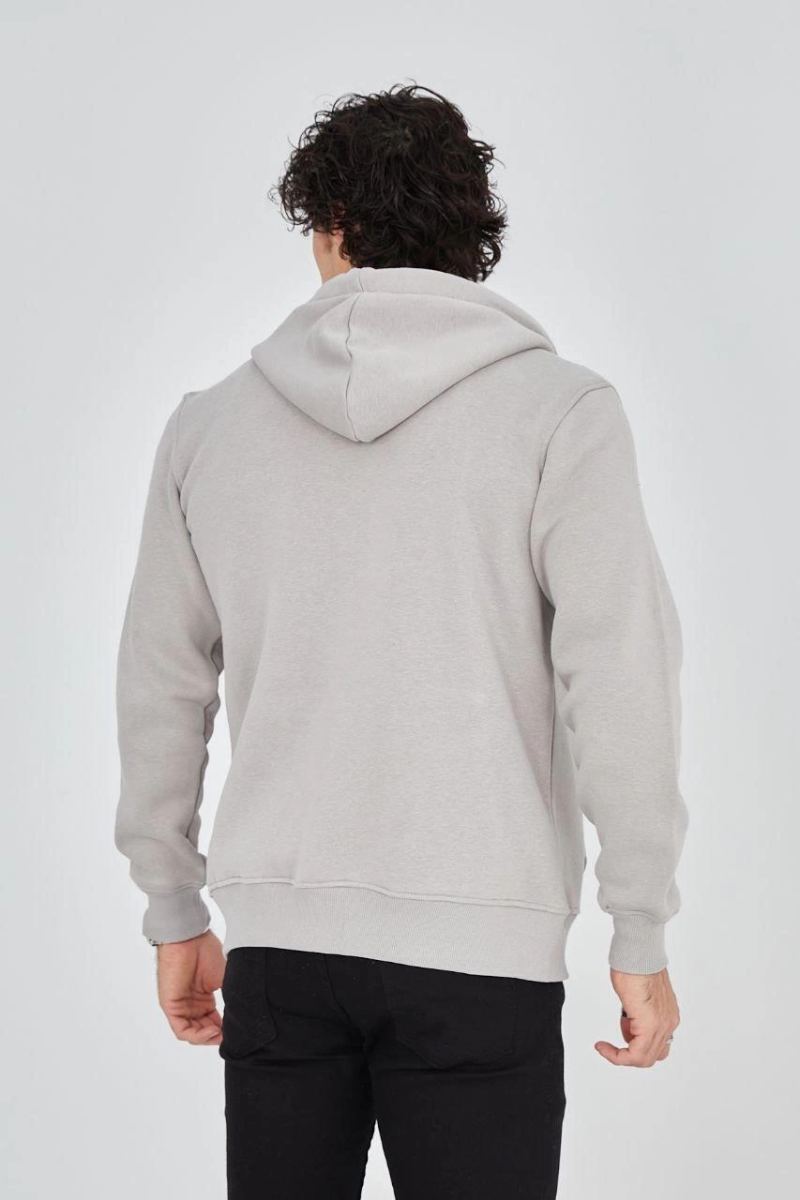 Erkek 3 İplik Pamuklu Fermuarlı Kapüşonlu Kanguru Cepli Baskılı Hoodie Hırka Sweatshirt - Boyalı Gri
