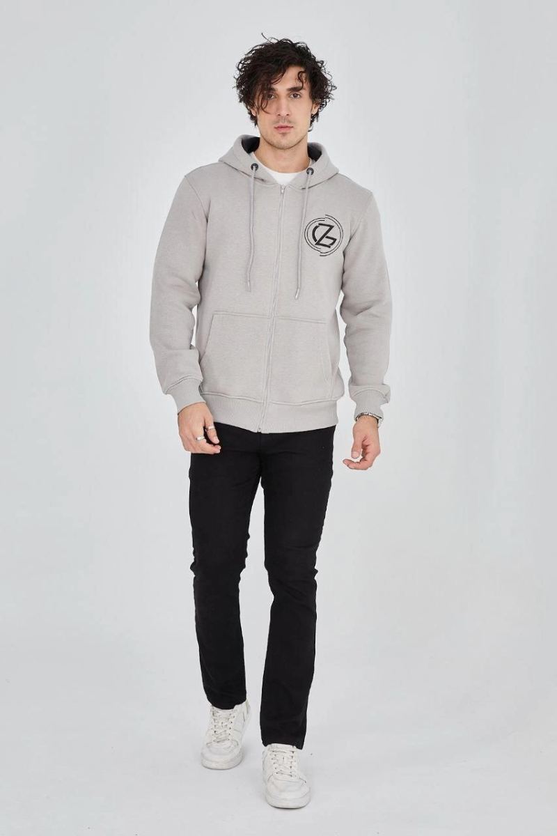 Erkek 3 İplik Pamuklu Fermuarlı Kapüşonlu Kanguru Cepli Baskılı Hoodie Hırka Sweatshirt - Boyalı Gri