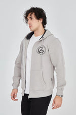 Erkek 3 İplik Pamuklu Fermuarlı Kapüşonlu Kanguru Cepli Baskılı Hoodie Hırka Sweatshirt - Boyalı Gri