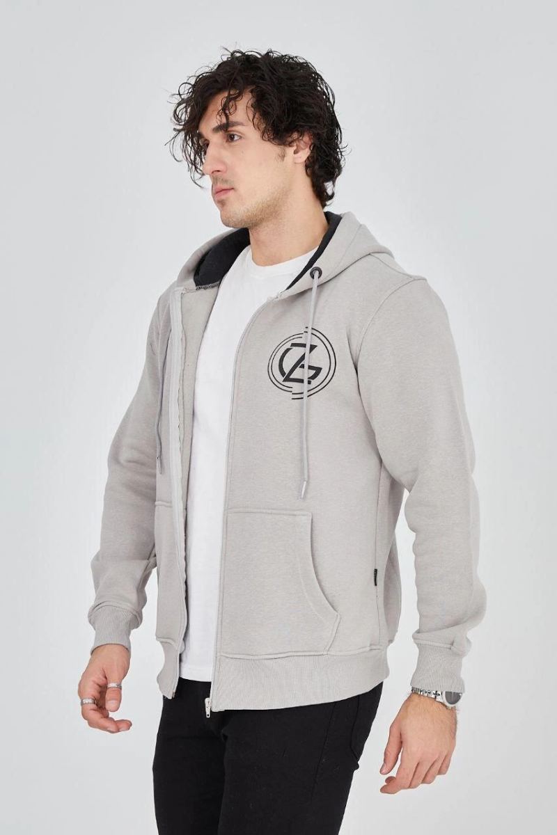 Erkek 3 İplik Pamuklu Fermuarlı Kapüşonlu Kanguru Cepli Baskılı Hoodie Hırka Sweatshirt - Boyalı Gri