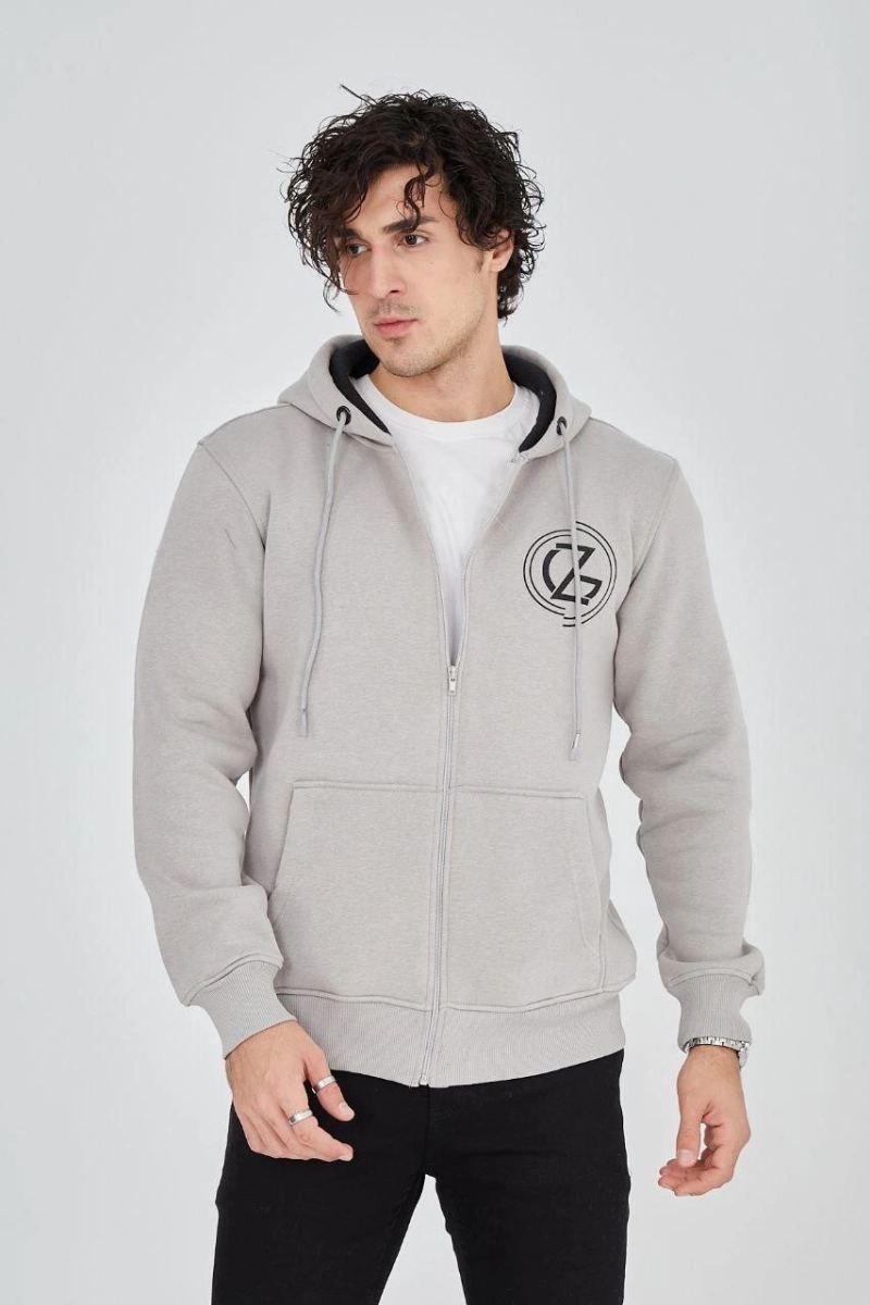 Erkek 3 İplik Pamuklu Fermuarlı Kapüşonlu Kanguru Cepli Baskılı Hoodie Hırka Sweatshirt - Boyalı Gri