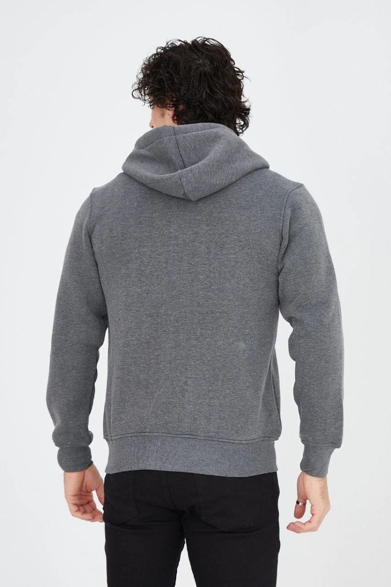 Erkek 3 İplik Pamuklu Fermuarlı Kapüşonlu Kanguru Cepli Baskılı Hoodie Hırka Sweatshirt - Füme