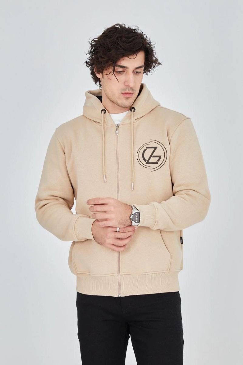 Erkek 3 İplik Pamuklu Fermuarlı Kapüşonlu Kanguru Cepli Baskılı Hoodie Hırka Sweatshirt - Bej