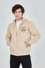 Erkek 3 İplik Pamuklu Fermuarlı Kapüşonlu Kanguru Cepli Baskılı Hoodie Hırka Sweatshirt - Bej