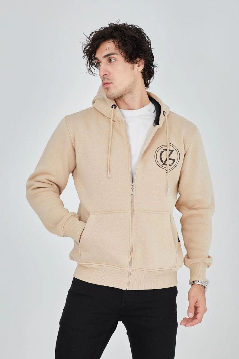 Erkek 3 İplik Pamuklu Fermuarlı Kapüşonlu Kanguru Cepli Baskılı Hoodie Hırka Sweatshirt - Bej