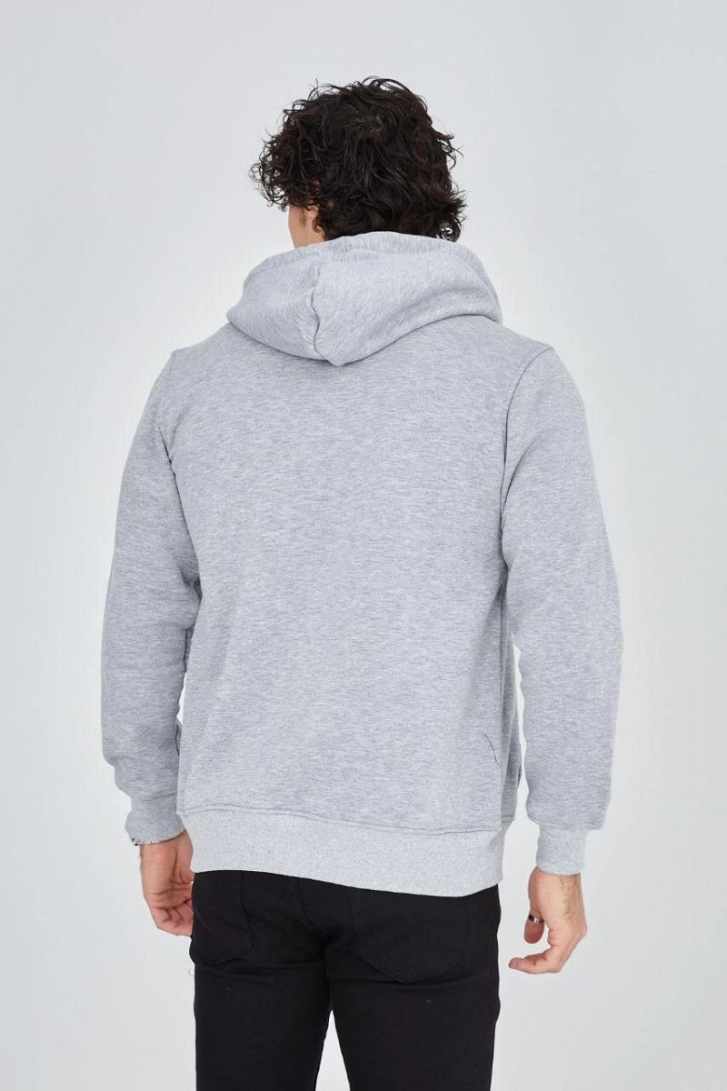 Erkek 3 İplik Pamuklu Fermuarlı Kapüşonlu Kanguru Cepli Baskılı Hoodie Hırka Sweatshirt -Gri