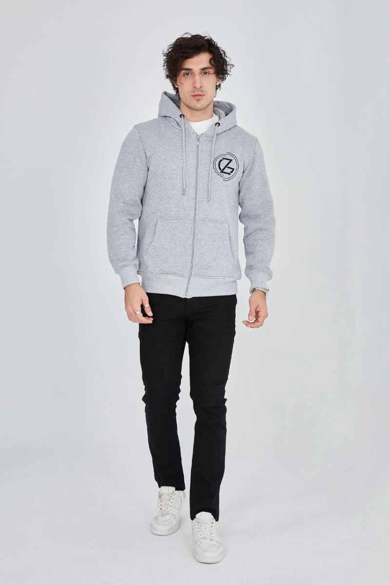 Erkek 3 İplik Pamuklu Fermuarlı Kapüşonlu Kanguru Cepli Baskılı Hoodie Hırka Sweatshirt -Gri