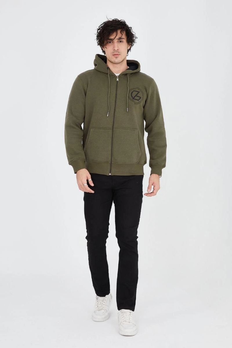 Erkek 3 İplik Pamuklu Fermuarlı Kapüşonlu Kanguru Cepli Baskılı Hoodie Hırka Sweatshirt - Yeşil