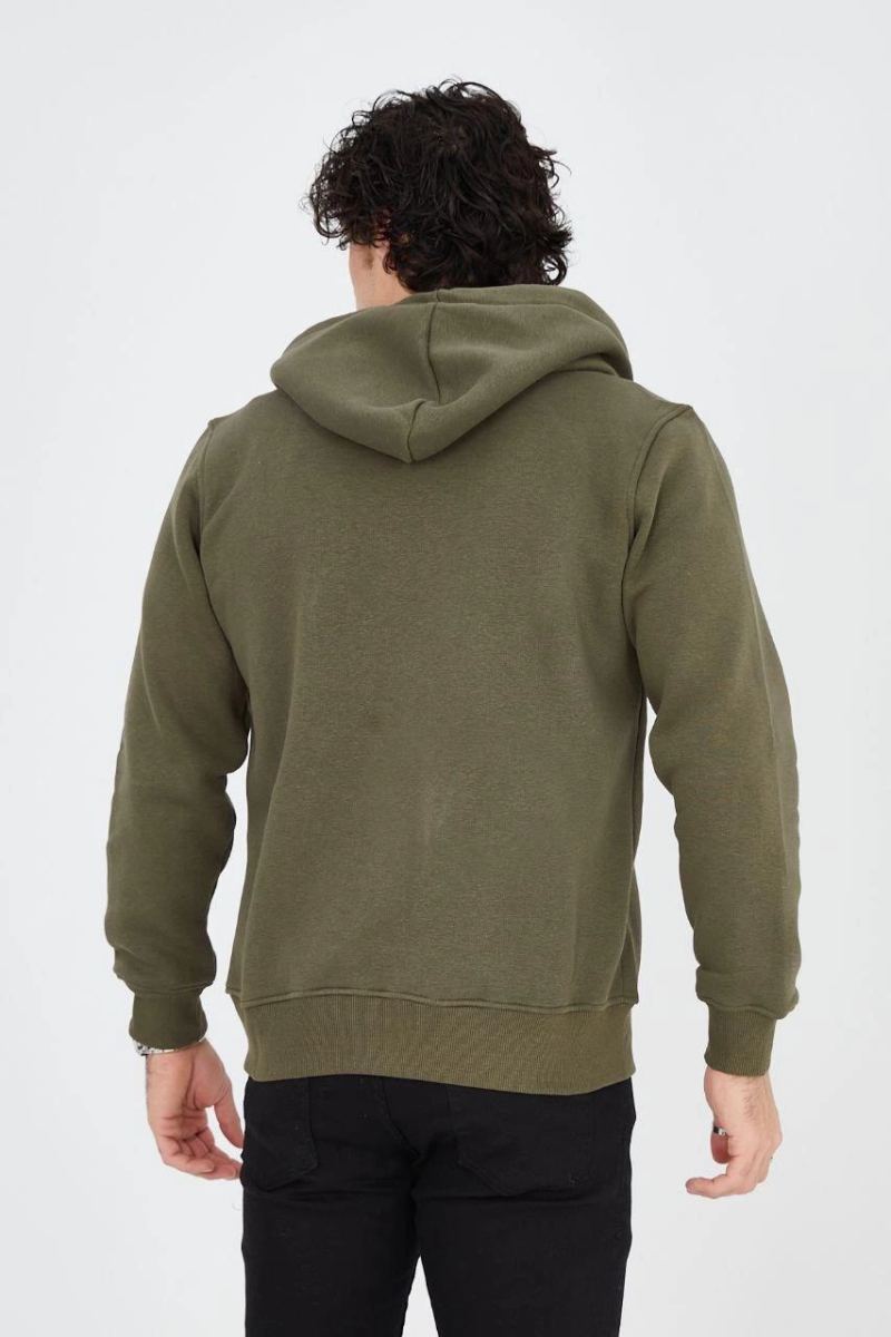 Erkek 3 İplik Pamuklu Fermuarlı Kapüşonlu Kanguru Cepli Baskılı Hoodie Hırka Sweatshirt - Yeşil